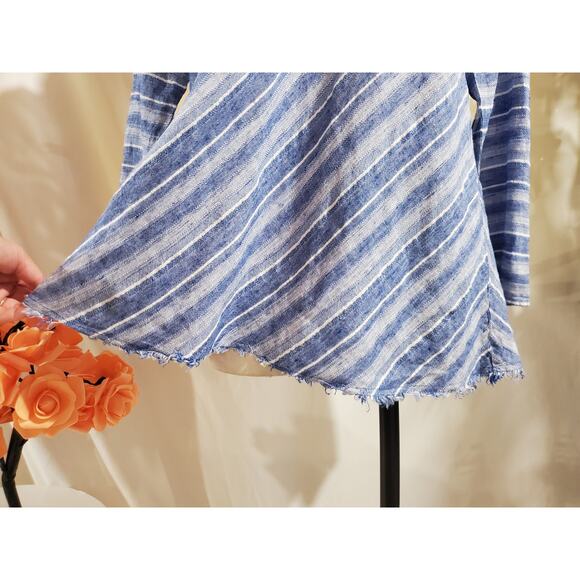 Nic + Zoe Freshwater Striped Linen Tunic Top Size L Blue Boho Raw Fringe Hem - Picture 6 of 11